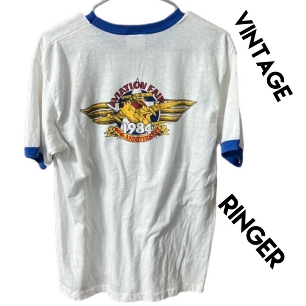 VTG 80’s Ringer 1984 Official Aviation Fair white with blue trim sz L